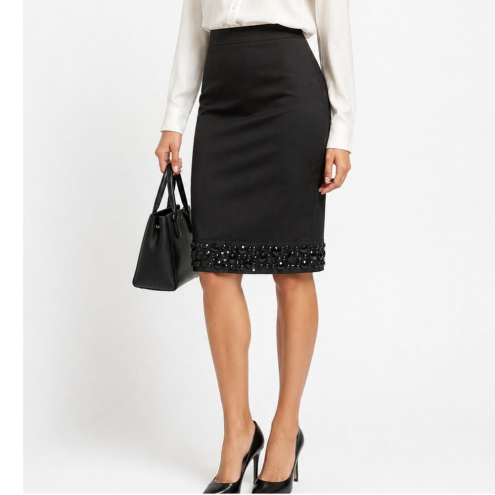 White House Black Market Rhinestone Beaded Hem Pencil Skirt Black Size 2